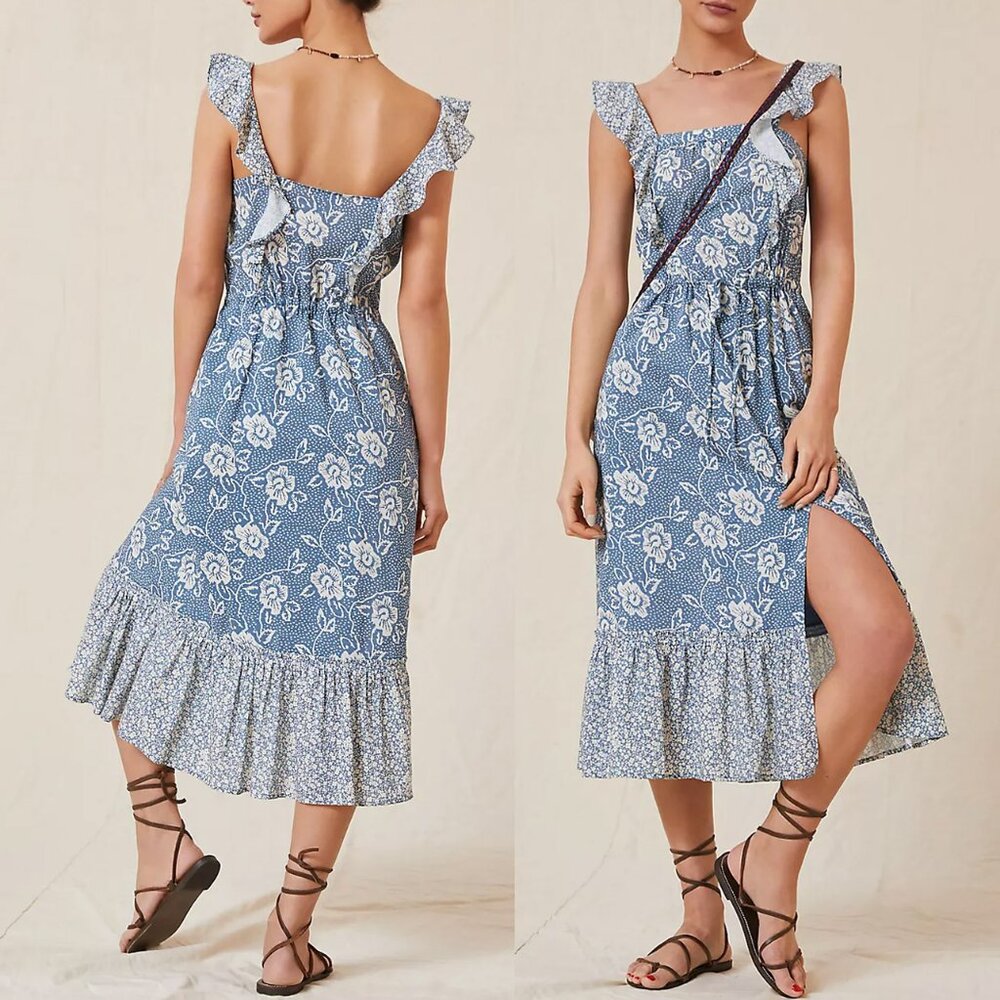 PAIGE Poppy Floral Cotton Blend Flutter Sleeve Midi Dress S Blue Navy Multi $249